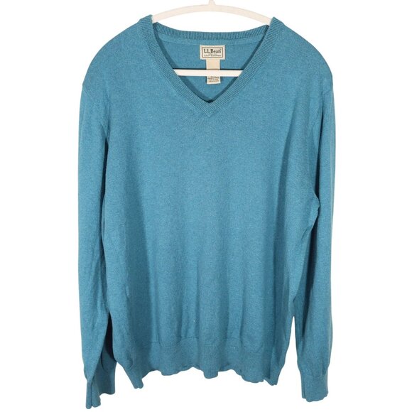 LL BEAN Cotton Cashmere V Neck Pullover Sweater Size XL Reg Blue/Green Long Slee - Picture 1 of 5